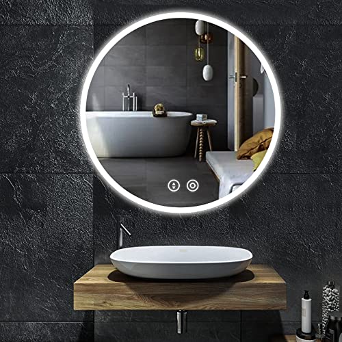 YOLEO Runder Badspiegel mit LED-Beleuchtung, Wandspiegel 60 * 60cm, Badzimmer...
